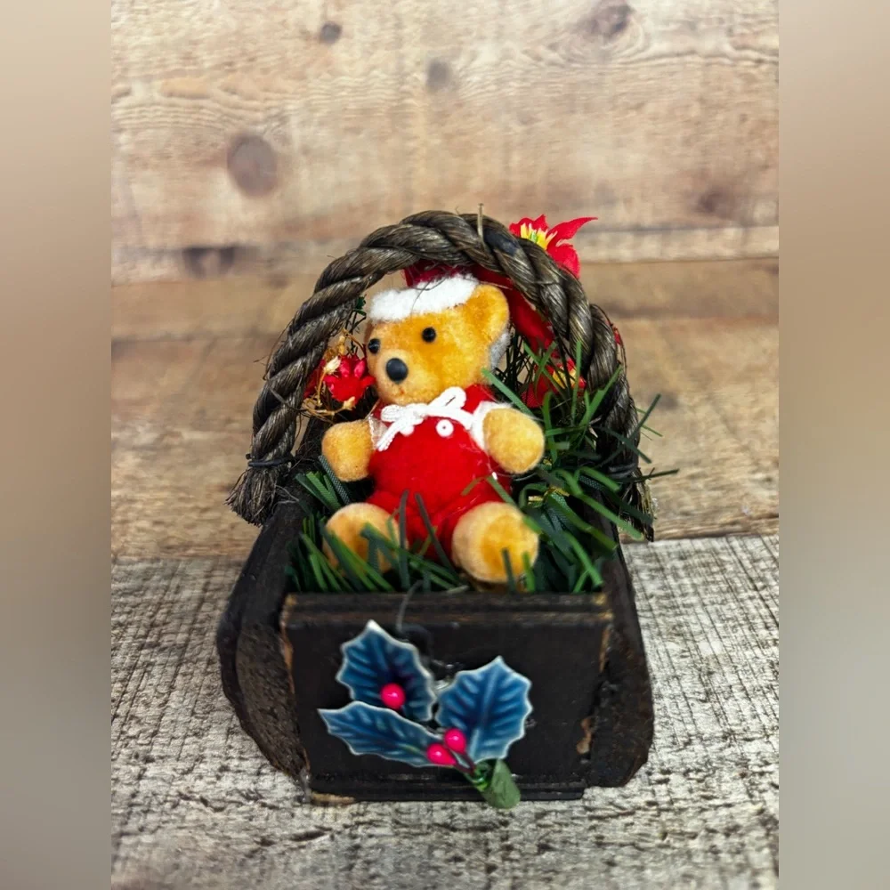 Vintage Flocked Teddy Bear Santa Wood Basket Christmas Ornament 3” Kitschy